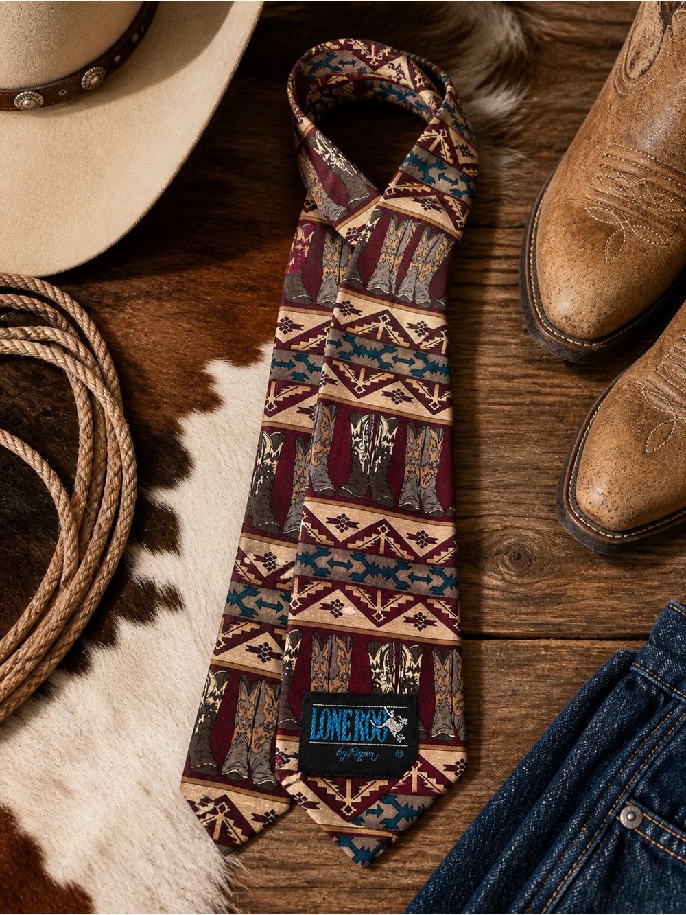 Lone Roo by Roper Western Silk Tie Cowboy Boots Aztec Cowboy Boots Print